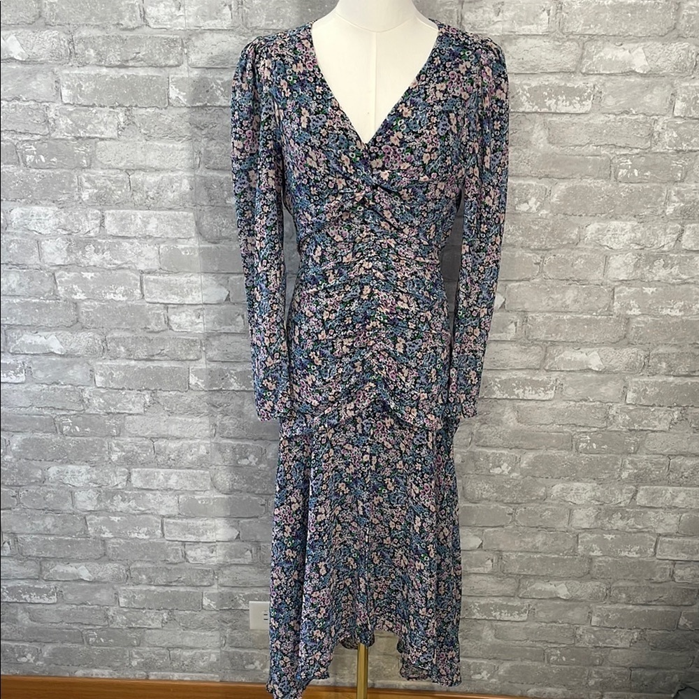 Astr Blue Floral Puff Sleeve Ruched Dress